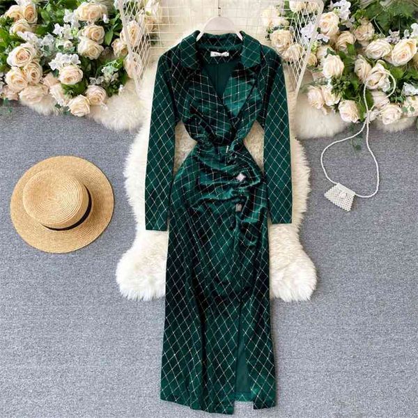 

women's dress plaid shine light mature style ladies v-neck folds slim split velvet maxi vestidos female gx1191 210506, Black;gray