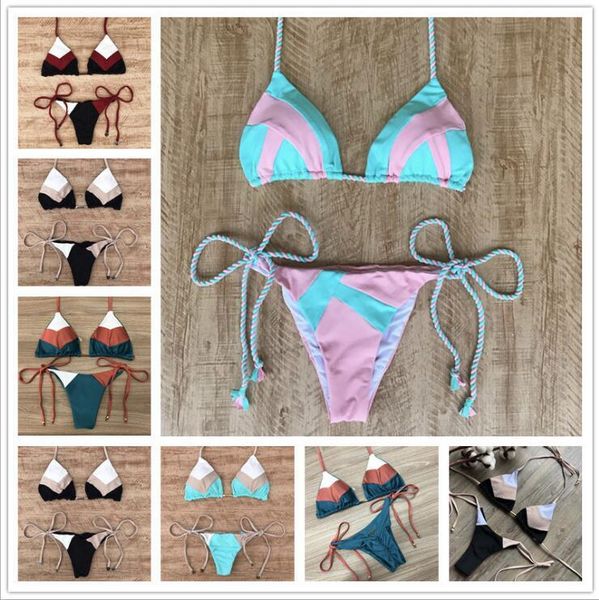 

women swimwear designer swimsuit patchwork bandage bikini maillot de bain slim costume da bagno donna bathing suit beachwear b5443, White;black