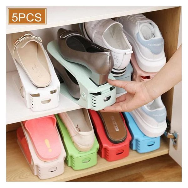 

4pcs simple adjustable shoe organizer durable double-layer plastic shoebox holder cabinet storage rack stand shelf space-saving clothing & w