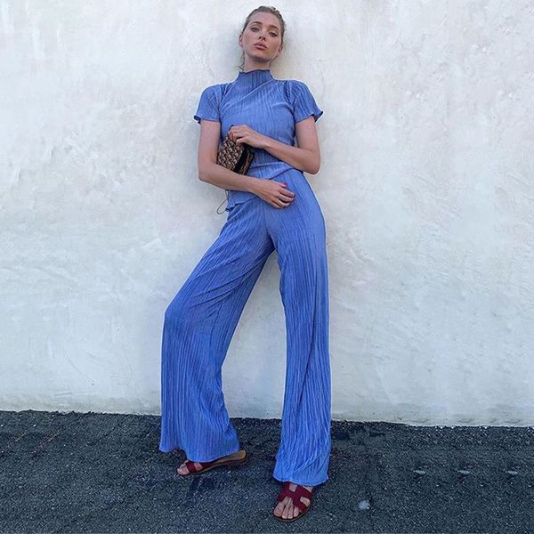 

paris girl two-piece set women autumn fashion elegant pleated short sleeve t-shirt and high waist wide leg pants 2 piece sets 210524, White