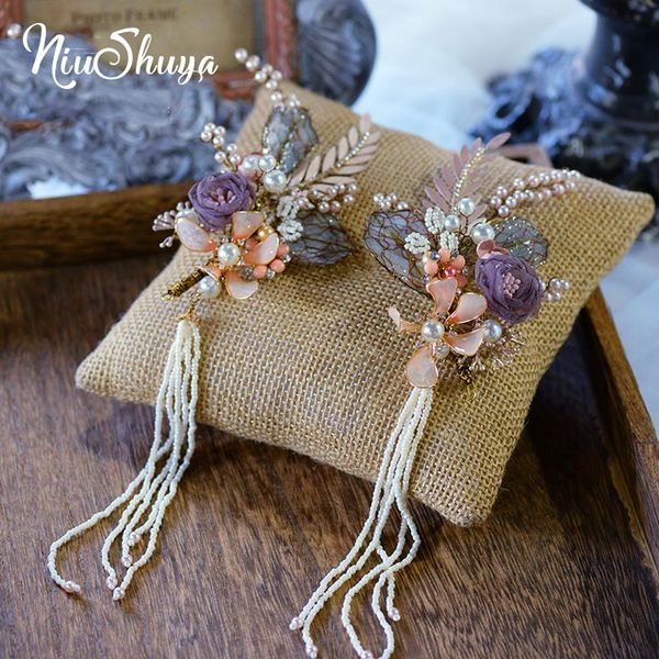 

hair clips & barrettes niushuya romantic purple bridal hairpins flower leaf brides diadem princess girps wedding accessories, Golden;silver