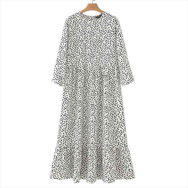 

white dots print maxi womens dress pleated three quarter sleeve casual straight dresses chic ankle length vestidos, Black;gray