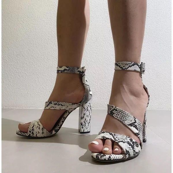

sandals 2022 buckle strap snake printing high heels women fashion one word belt open toe square pumps casual shoes, Black