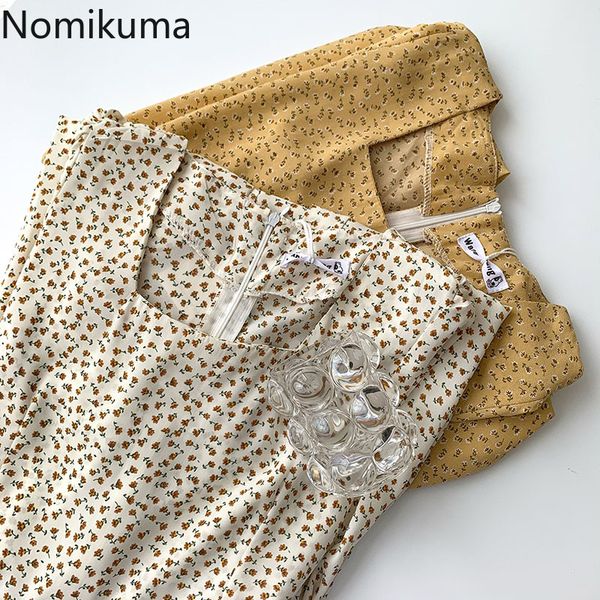 

nomikuma dress summer korean style square collar long sleeve floral printed temperament high waist dresses vestidos 210514, Black;gray
