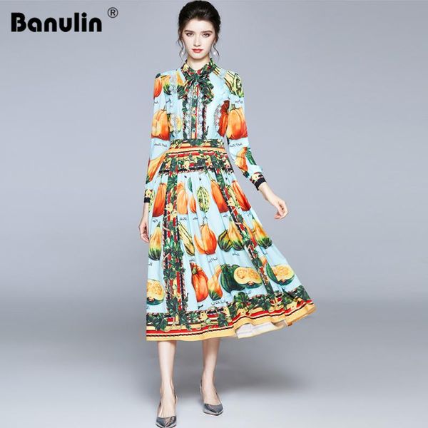 

casual dresses 2021 spring autumn runway fruits vegetables pleated dress women bow neck long sleeve lace pearl buttons floral print, Black;gray