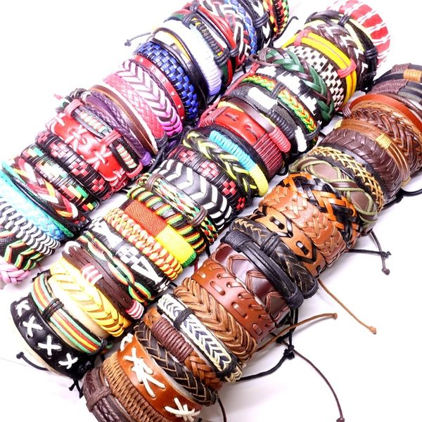 Venda Por Atacado 100 pçs / lote multicolorido mulheres pulseiras de manguito masculino artesanal PU couro moda jóias pulseira pulseira festa festa mix estilos