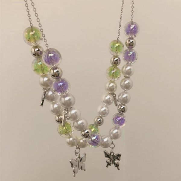 

pendant necklaces stained glass pearl beads butterfly necklace for women egirl choker clavicle chain y2k fashion jewelry, Silver