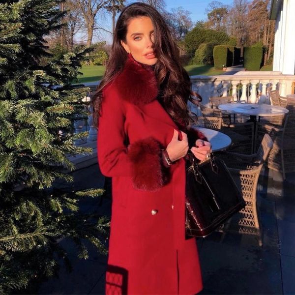 

women's fur & faux wine red long wool blends coats with lapel collar winter thick warm overcoats luxury genuine cashmere, Black