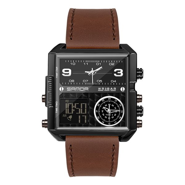 

outdoor men watches sports digital quartz watch mens fashion leather band led clock electronic waterproof 50m, Slivery;brown