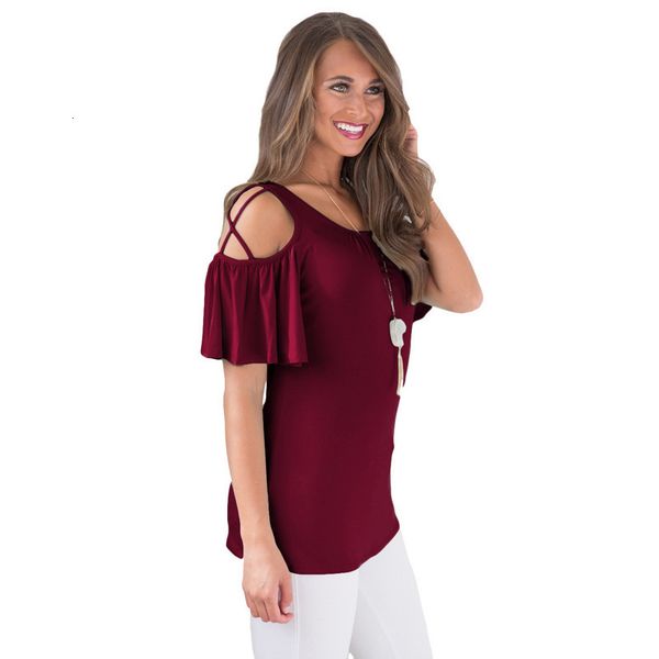 

women's t-shirt shoulder-exposed cross fold short sleeve slim round neck, White