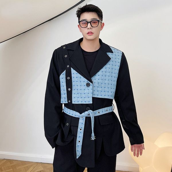 

niche design color block patchwork fake two-piece men's suit coat 2021 new autumn fashion black oversize blazer male, White;black