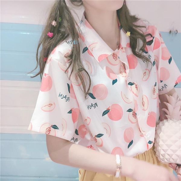 

women's blouses & shirts aummer japanese women short sleeve blouse peach print turn down collar loose wild sweet student shrit preppy, White
