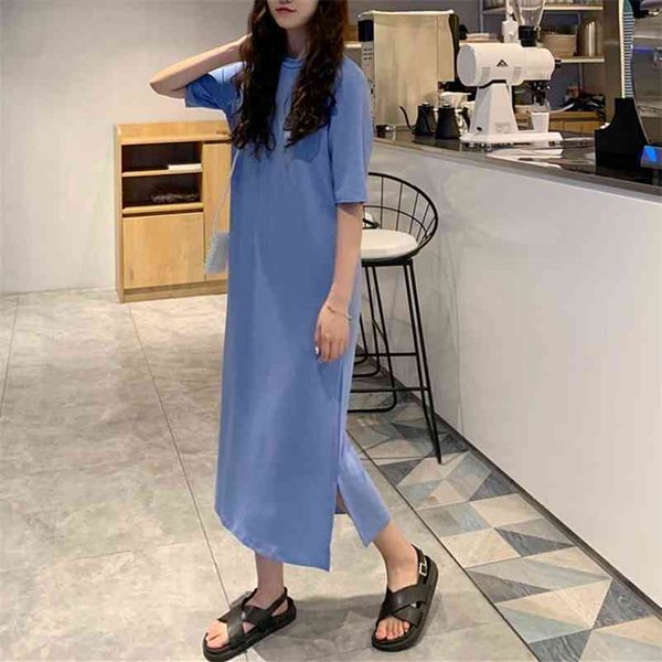 

t shirt dress women summer casual loose dresses short sleeve o neck tunic long maxi side slit solid color dress oversize clothes 210331, Black;gray