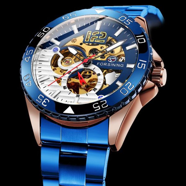 

wristwatches forsining 2021 men sports watch automatic self-wind mechanical skeleton luminous dial male clock stainless steel water resistan, Slivery;brown