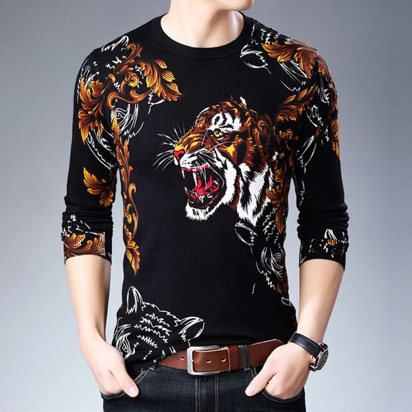 

t-shirt men's spring autumn round neck long sleeve trendy personalized printed tiger pattern bottom coat, White;black