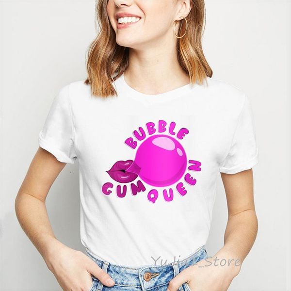 

gum bubble queen letter print women t shirts clothes pink lips graphic harajuku vogue fmeme, White
