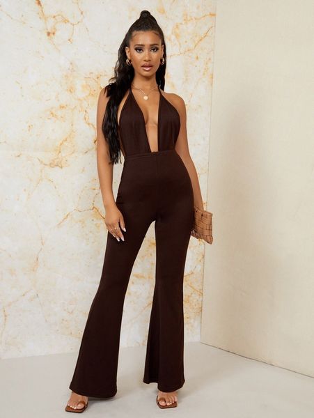 

backless halter neck flare leg jumpsuit b1cw#, White