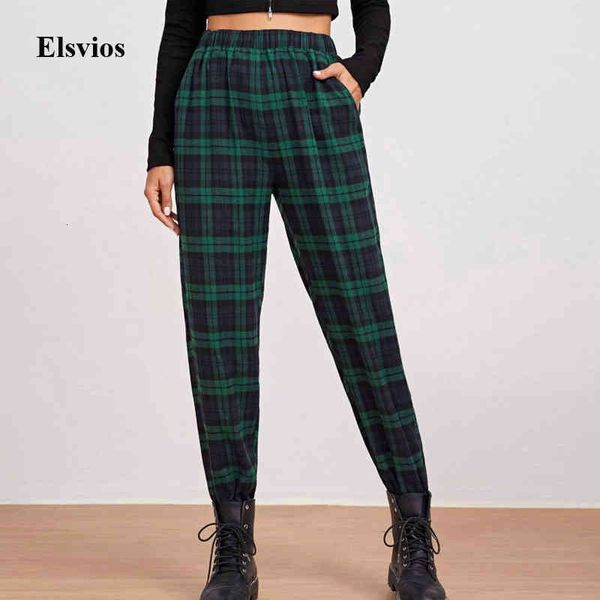 

women's pants & capris vintage green plaid print female harajuku casual high waist long trousers elegant women pocket gym sweatpan, Black;white