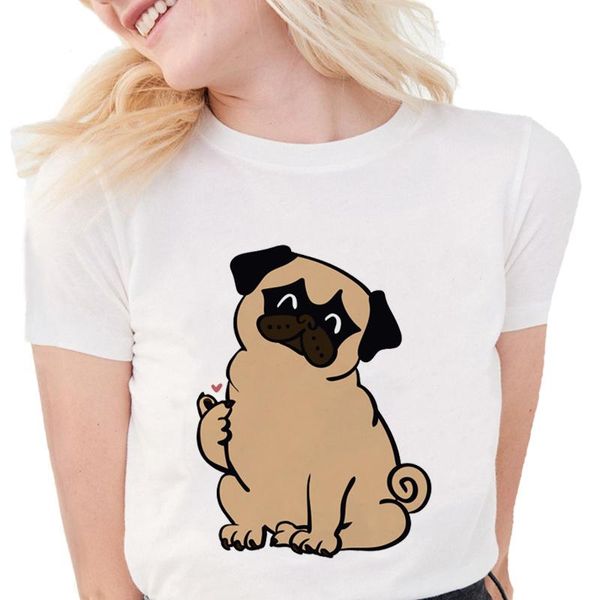 

women's t-shirt mini heart pug t shirts women lovely cartoons dog graphic tees soft cotton white