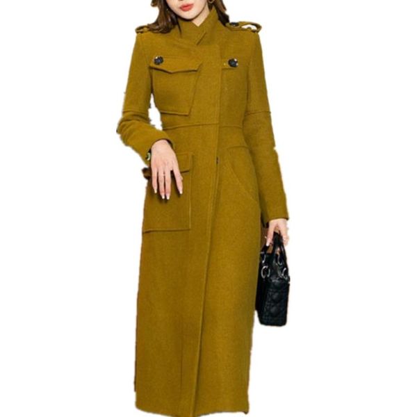 

women's wool & blends arrival winter vintage military style stan collar x-long woolen coat women slim high waist handsome overcoat, Black
