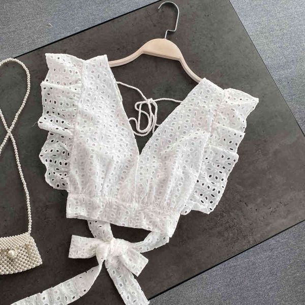

singreiny design hollow backless blouse women korean v neck sleeveless lace up white summer fashion streetwear short blouse 210419