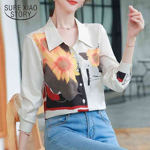 

print woman shirt autumn vintage chiffon blouse women cotton and linen thin chic oil painting office lady 10647 210421, White