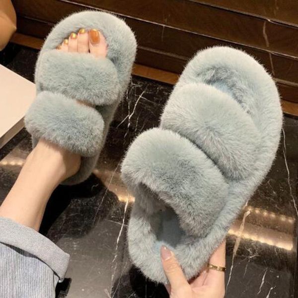 

fluffy home slippers women faux fur cozy furry slides open toe slip on house floor plush warm shoes qq5, Black