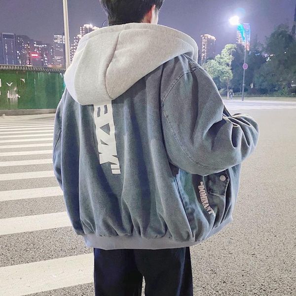 

men's jackets neploha 2021 autumn winter casual letter printed denim hong kong streetwear hooded male parkas lamb woolen man coats, Black;brown