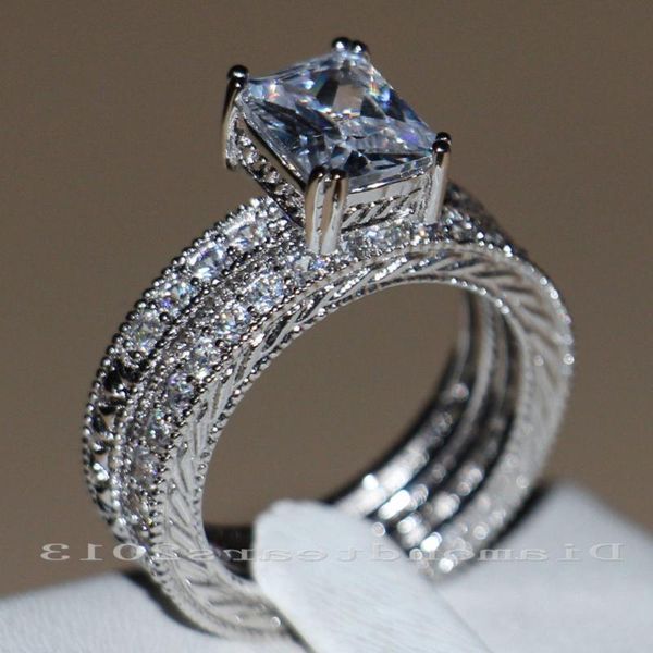 

wedding rings wholesale stunning vintage women fashion jewelry princess 10kt white gold filled cz simulated stones ring set sz5-11, Slivery;golden