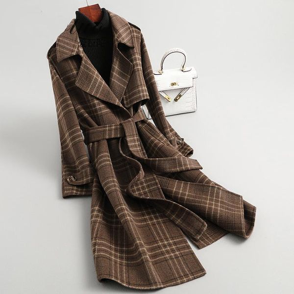 

women's wool & blends herstory winter arrival women warm plaid belted outwear female korean slim office long woolen coat veste longue, Black