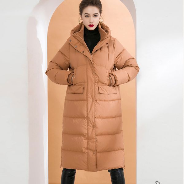 

women's white duck down coat stand hooded collar long sleeves lace up fashion overcoat outerwear parkas, Black