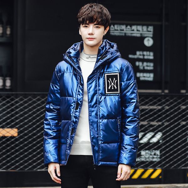 

2021 winter new thickened warm bright face hooded young men's fashion trend simple down et, Black