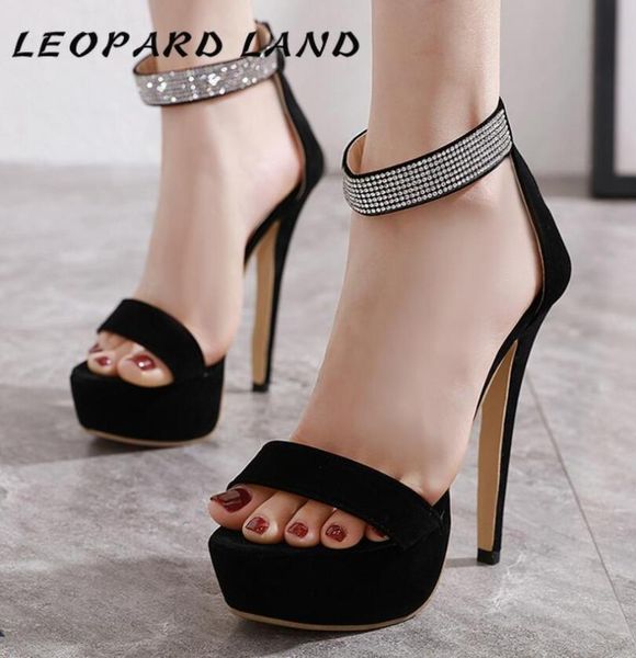 

2021 shoes large size super high heels stiletto platform rhinestone sandals woman cwf, Black