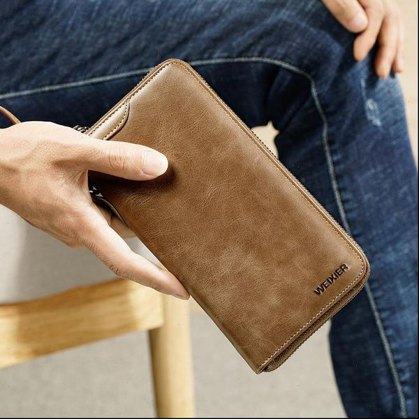 

trend vintage fashion men long wallet split leather card holder male zipper purse coin clutch bag, Red;black