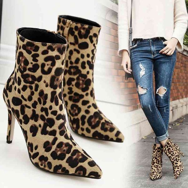 

shoes women ankle boots flock high heels 10cm point zipper leopard half short winter martin shoes botas female shoes 210514, Black