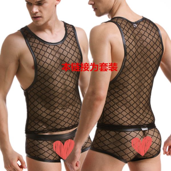 

men' tank show stage night club vest underwear suit diamond large mesh 401-2, White;black