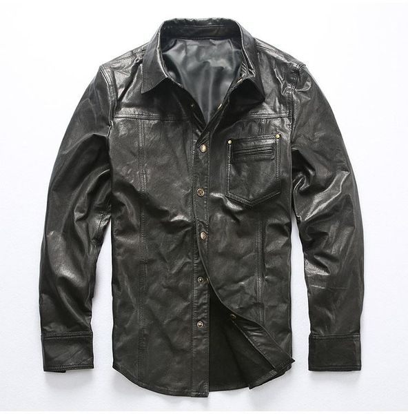 

men's leather & faux 2022 fashion sheepskin genuine shirt men slim fit real jacket mens thin black casual coat