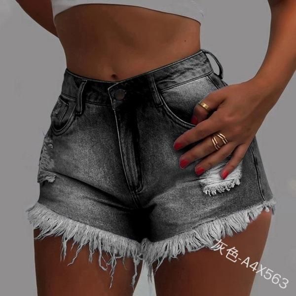 

women's jeans wepbel fashion hole tassled washed denim shorts plus size high waist short trousers casual, Blue
