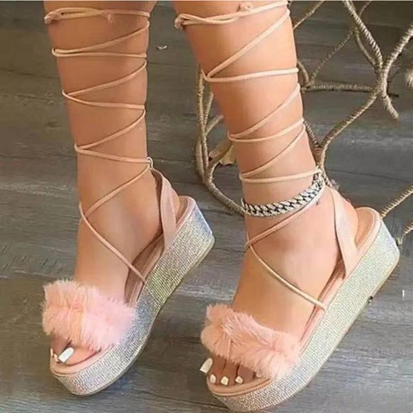 

sandals plush sandals, high-heeled shoes, ankle straps, women's platform, thick-soled wedges, summer 2021, Black