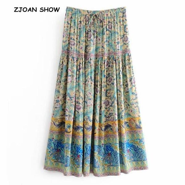 

skirts 2021 bohemian peacock floral print long skirt ruffles hem holiday women hollow out lacing up stream waist swing beach, Black