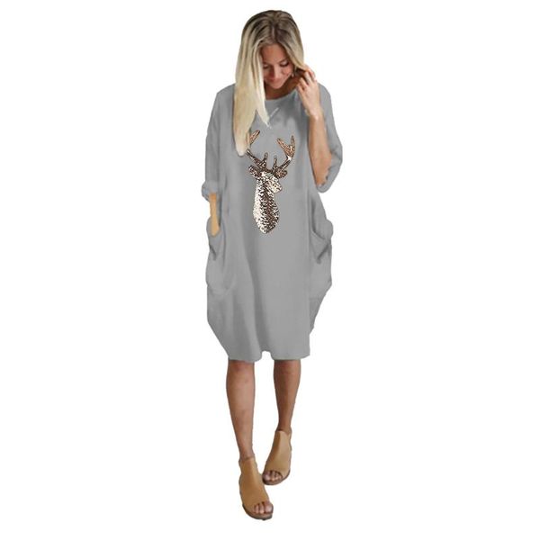 

casual dresses christmas sequins deer printed dress autumn winter women clothing loose pocket long sleeve cute elegant, Black;gray