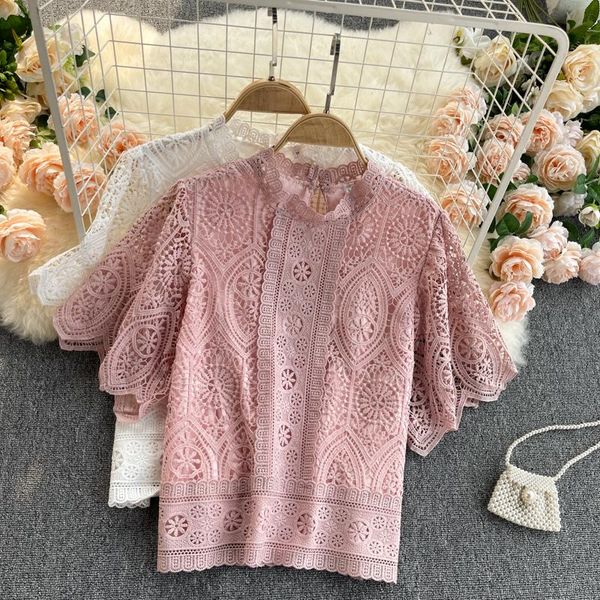 

women's t-shirt deat 2021 spring summer fashion casual lace shirt stand collar trumpet sleeve hollow out loose thin for women sj506, White