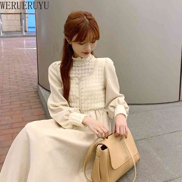 

werueruyu long sleeve dress women vintage knee-length peter pan collar empire womens elastic korean style student 210608, Black;gray