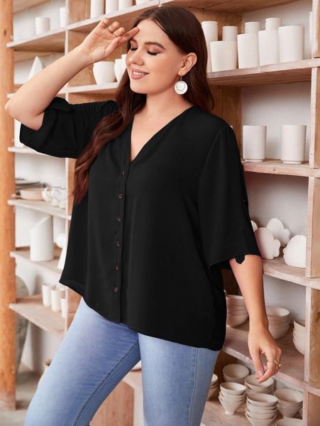 

plus roll tab sleeve button placket blouse i0ix#, Black
