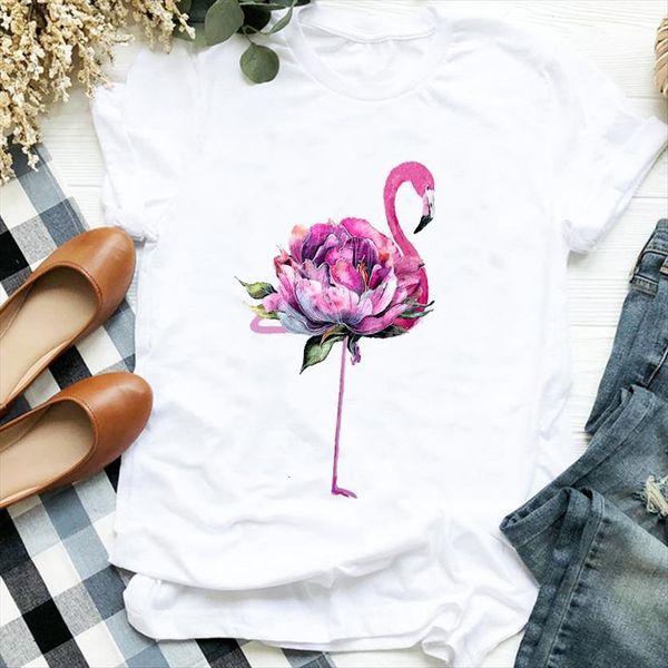 

90s watercolor cartoon flamingo beach womens floral print tee clothes graphic, White