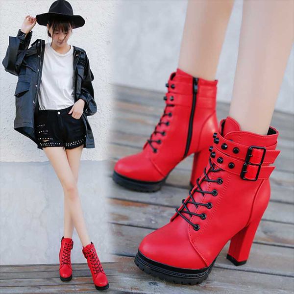

boots female women caual quality short genuine leather shoes autumn thick heel platform ankle for, Black