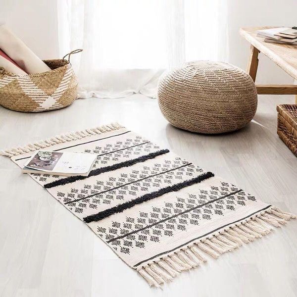 

carpets 60x90cm cotton linen tassel rug geometric pattern bedside floor mat living room bedroom decorative carpet