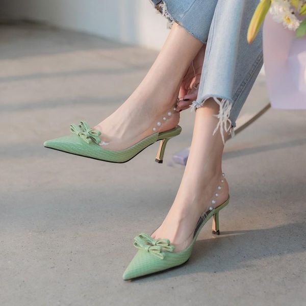 

modern sandals shoes women 2021 genuine leather wedding high heels summer new pointed toe transparent pearls ladies party shoes, Black