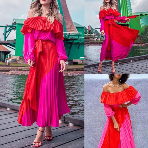 

casual dresses 2021 summer fashion bohemian beach party elegant long-sleeved one-shoulder red dress, Black;gray