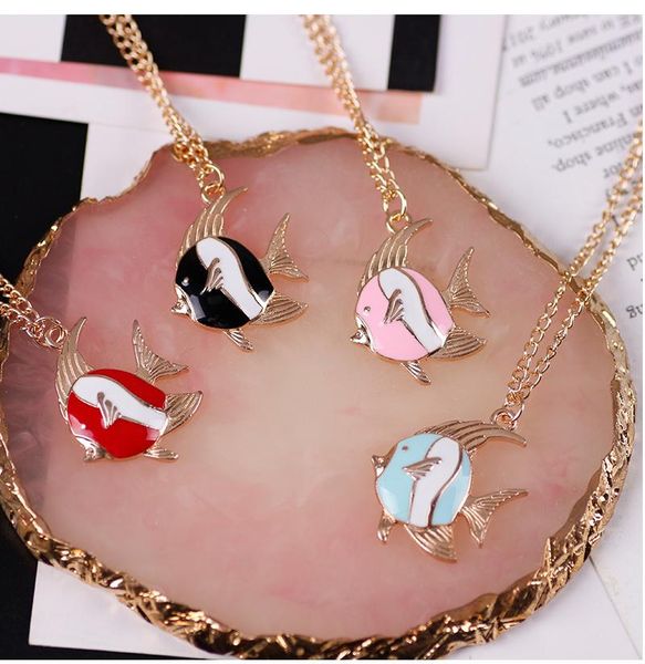 

pendant necklaces small fresh female goldfish necklace simple black pink blue red student clavicle chain jewelry gift, Silver